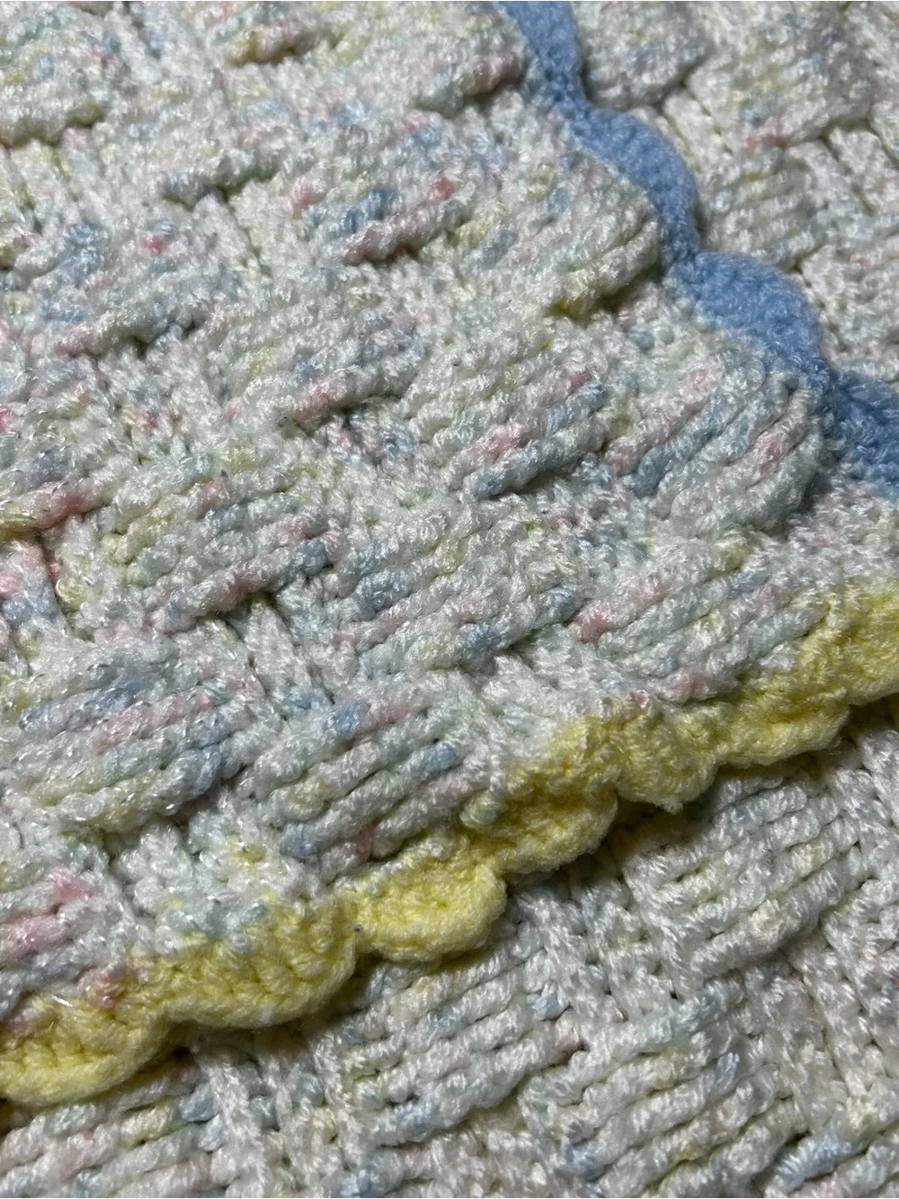 Vintage 1996 Hand Crocheted Baby Blanket Heirloom Pastel Basketweave Afghan prop